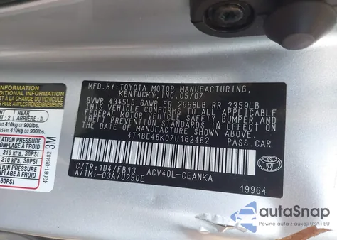 2007 Toyota Camry Le z USA, uszkodzony, nr VIN 4T1BE46K07U162462